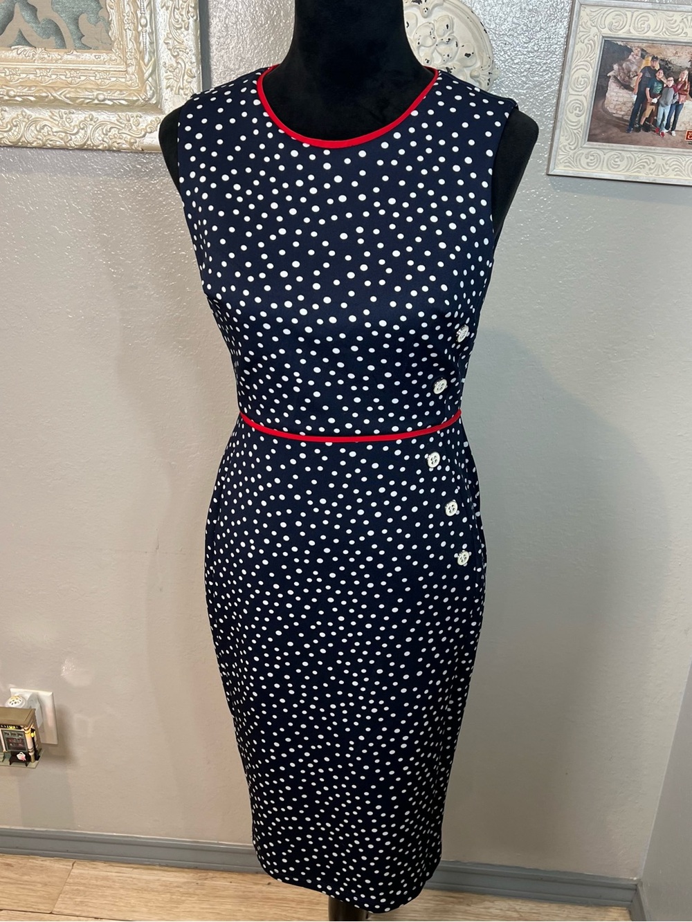 Enfocus Studio Navy Polka Dot Midi Dress with Red Trim